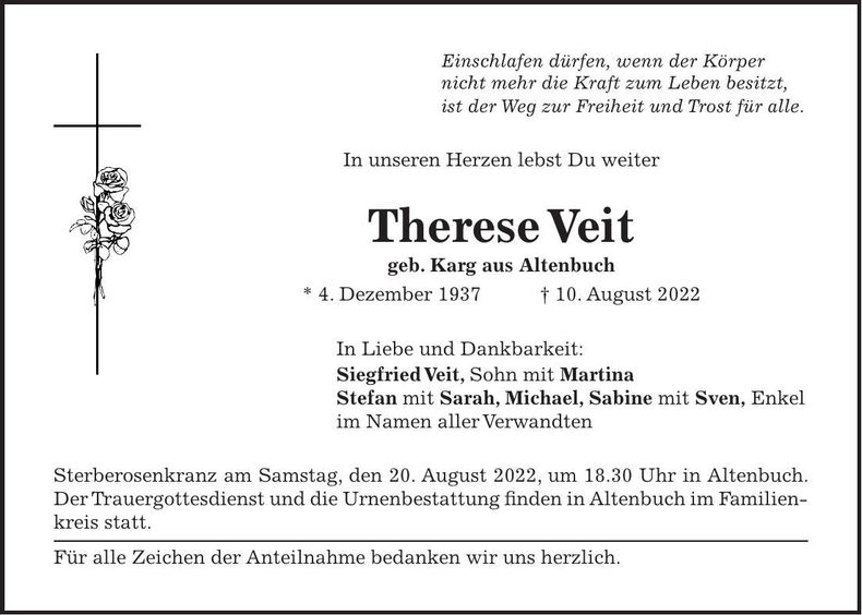 Traueranzeige Therese Veit