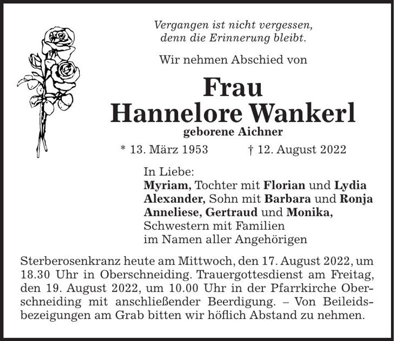 Traueranzeige Hannelore Wankerl