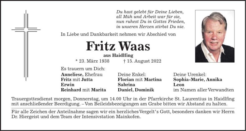 Traueranzeige Fritz Waas