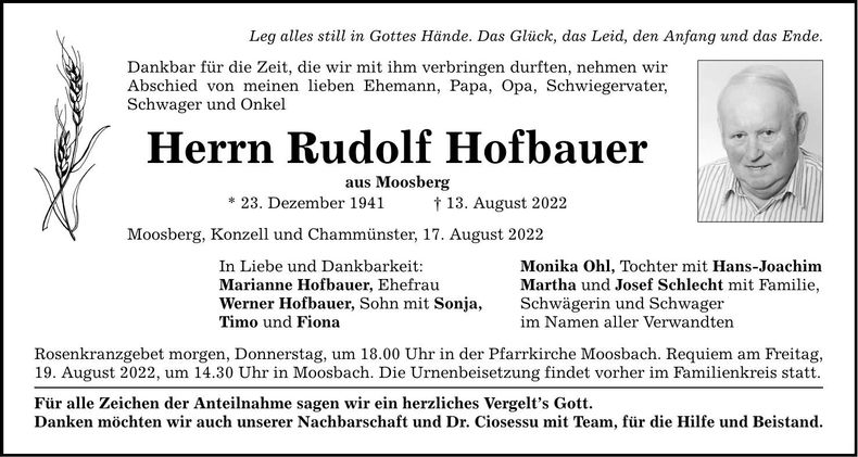 Traueranzeige Rudolf Hofbauer