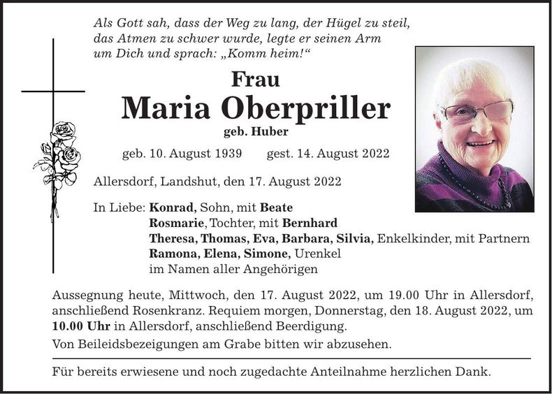 Traueranzeige Maria Oberpriller