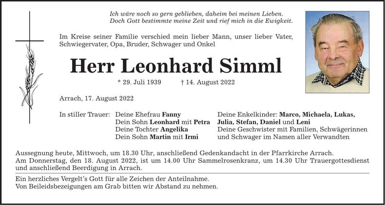 Traueranzeige Leonhard Simml