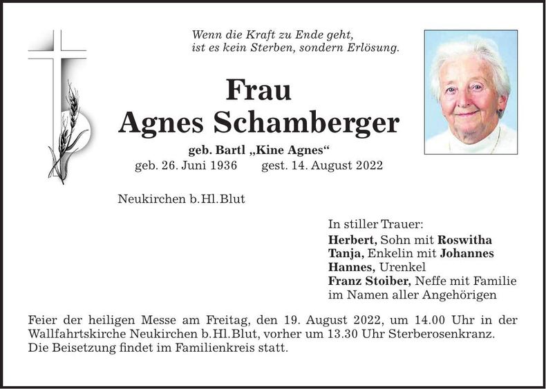 Traueranzeige Agnes Schamberger