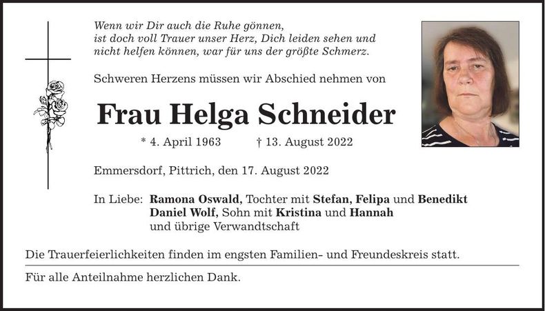 Traueranzeige Helga Schneider