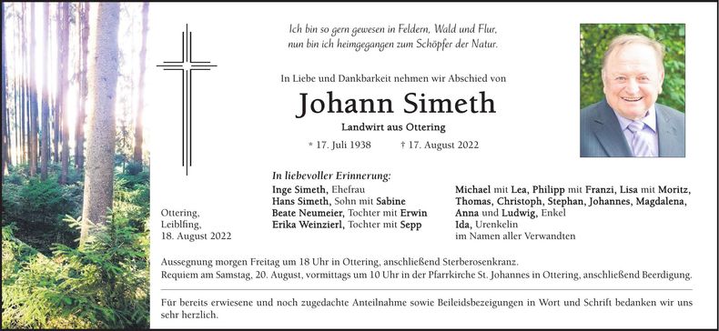 Traueranzeige Johann Simeth