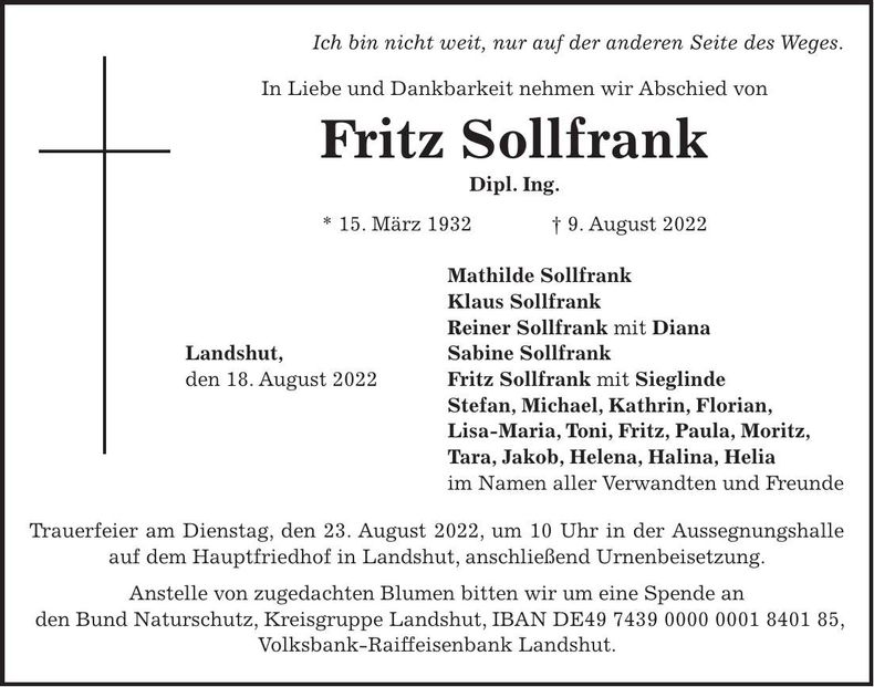 Traueranzeige Fritz Sollfank
