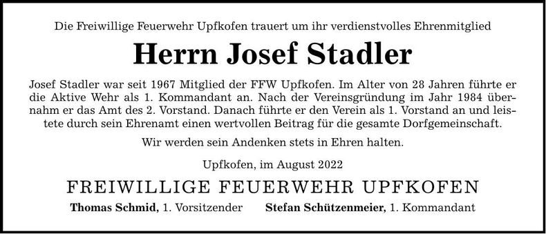 Traueranzeige Josef Stadler