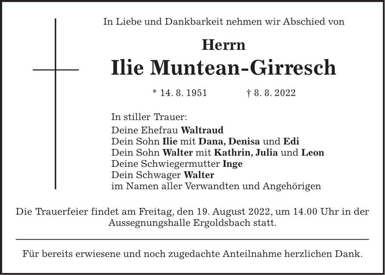 Traueranzeige Ilie Muntean-Girresch