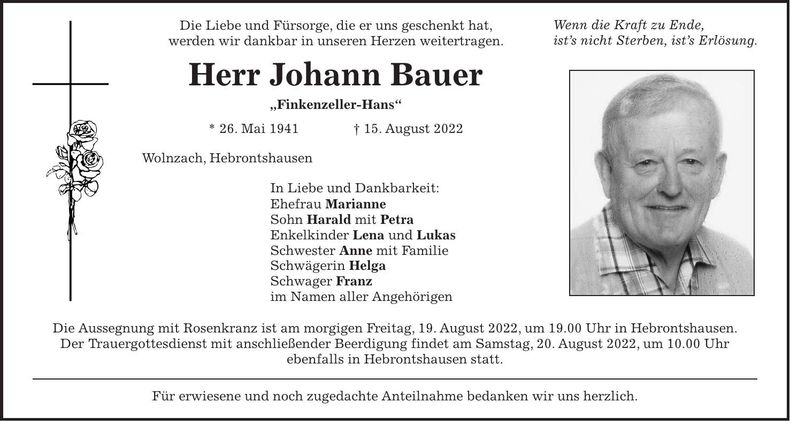 Traueranzeige Johann Bauer