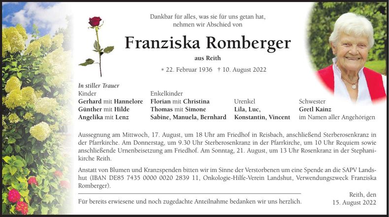 Traueranzeige Franziska Romberger