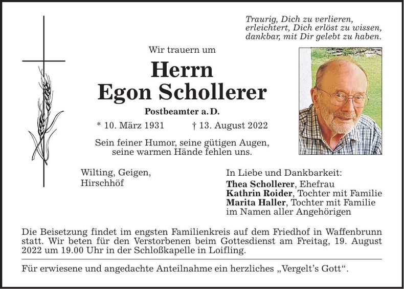 Traueranzeige Egon Schollerer