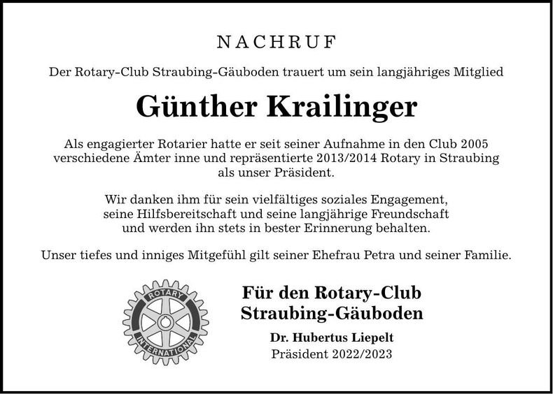 Traueranzeige Günther Krailinger