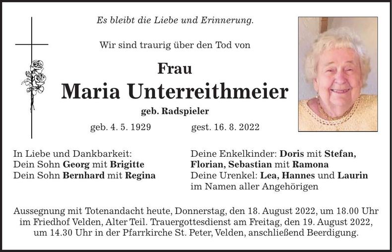 Traueranzeige Maria Unterreithmeier