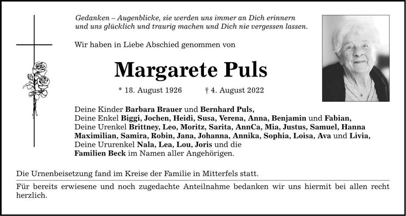 Traueranzeige Margarete Puls