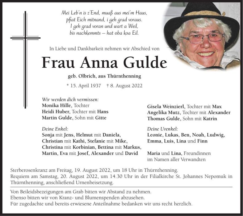 Traueranzeige Anna Gulde