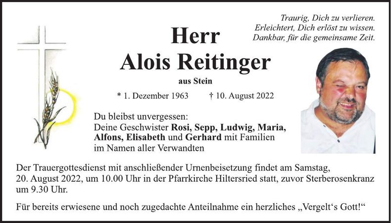 Traueranzeige Alois Reitinger