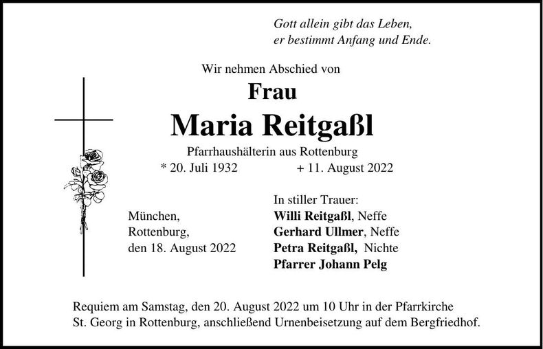 Traueranzeige Maria Reitgaßl