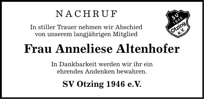 Traueranzeige Anneliese Altenhofer