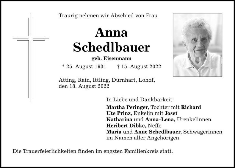 Traueranzeige Anna Schedlbauer