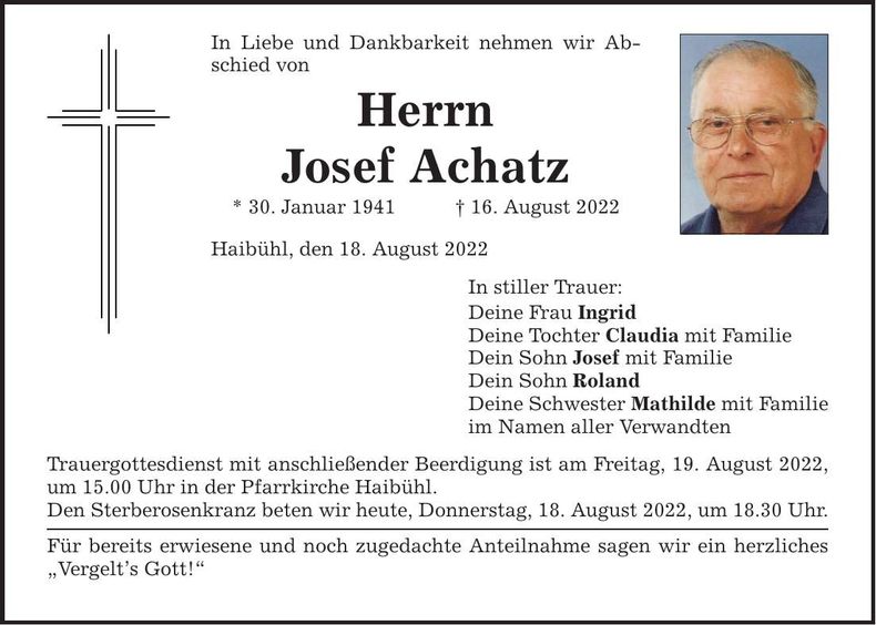 Traueranzeige Josef Achatz