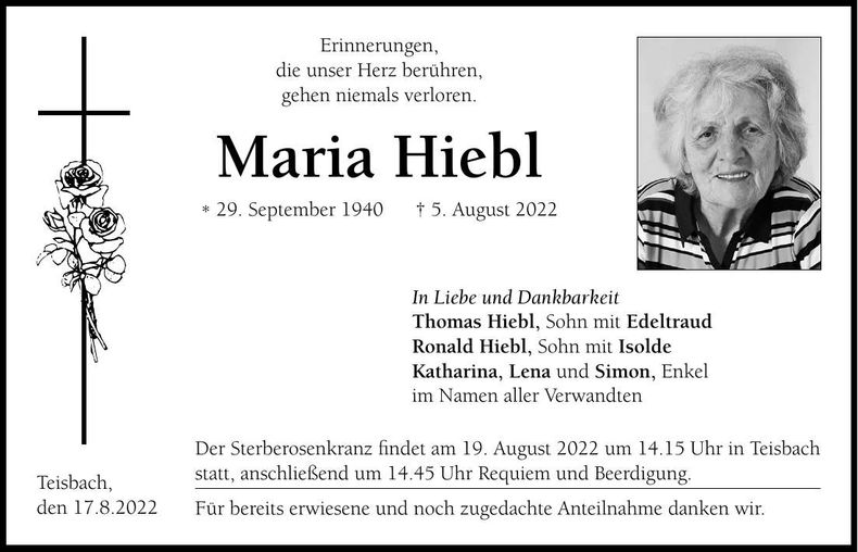 Traueranzeige Maria Hiebl