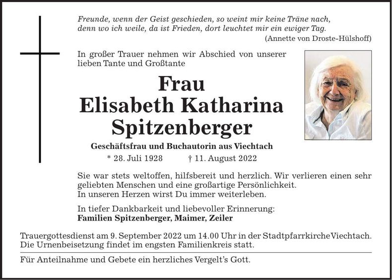 Traueranzeige Elisabeth Katharina Spitzenberger