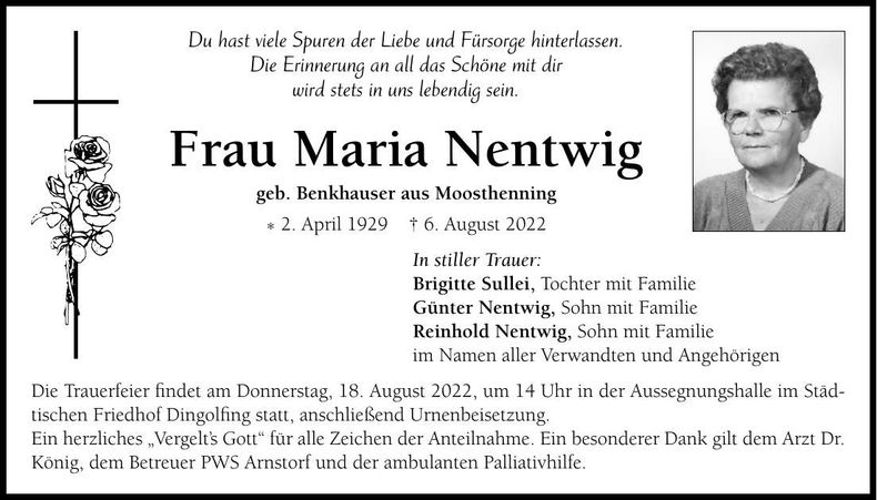Traueranzeige Maria Nentwig