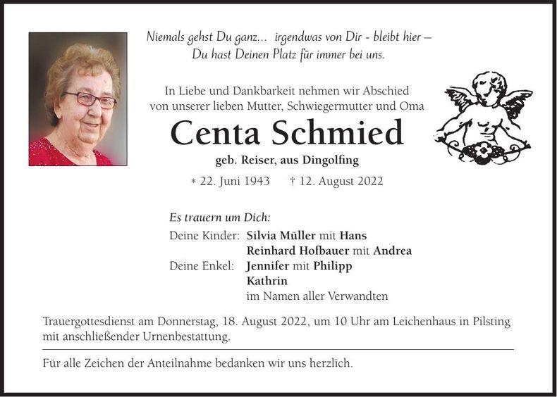 Traueranzeige Centa Schmied