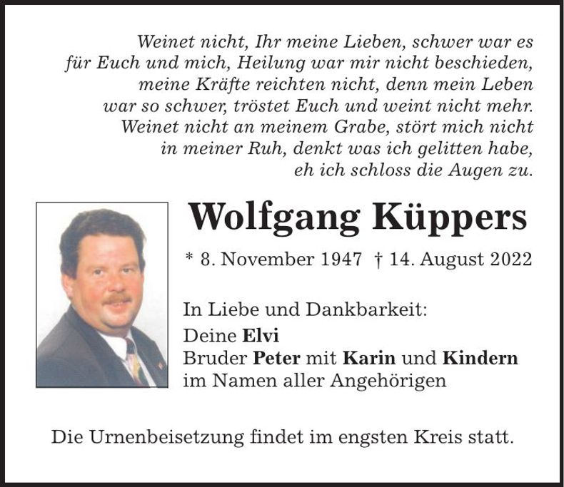 Traueranzeige Wolfgang Küppers