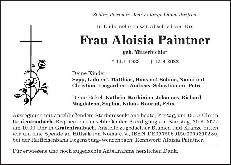 Traueranzeige Aloisia Paintner