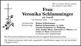 Traueranzeige Veronika Schlamminger