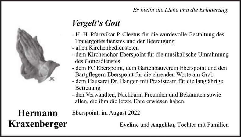 Traueranzeige Hermann Kraxenberger
