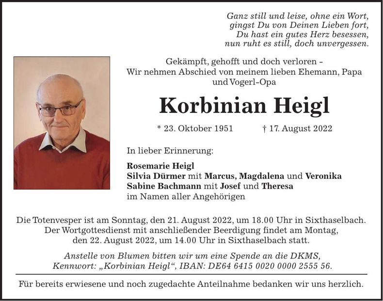 Traueranzeige Korbinian Heigl