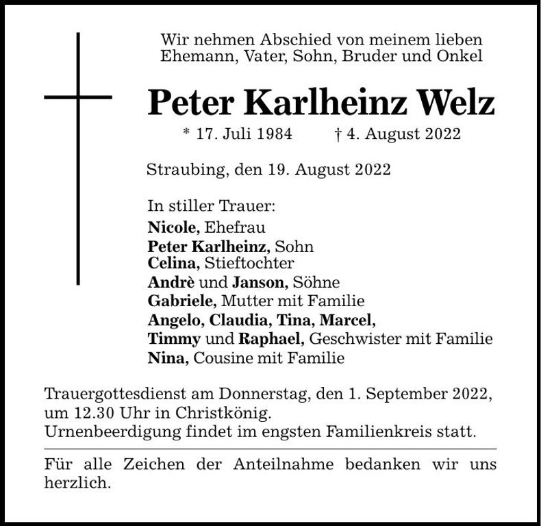 Traueranzeige Peter Karlheinz Welz