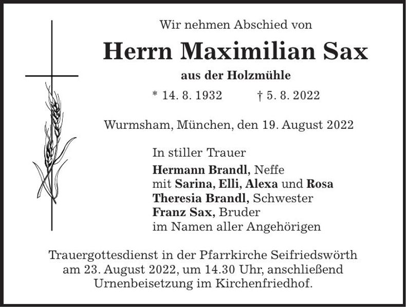 Traueranzeige Maximilian Sax