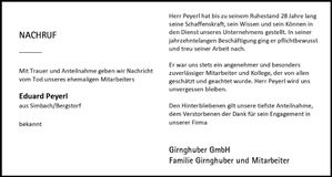 Traueranzeige Eduard Peyerl