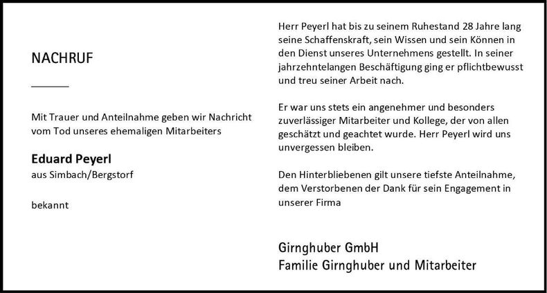 Traueranzeige Eduard Peyerl