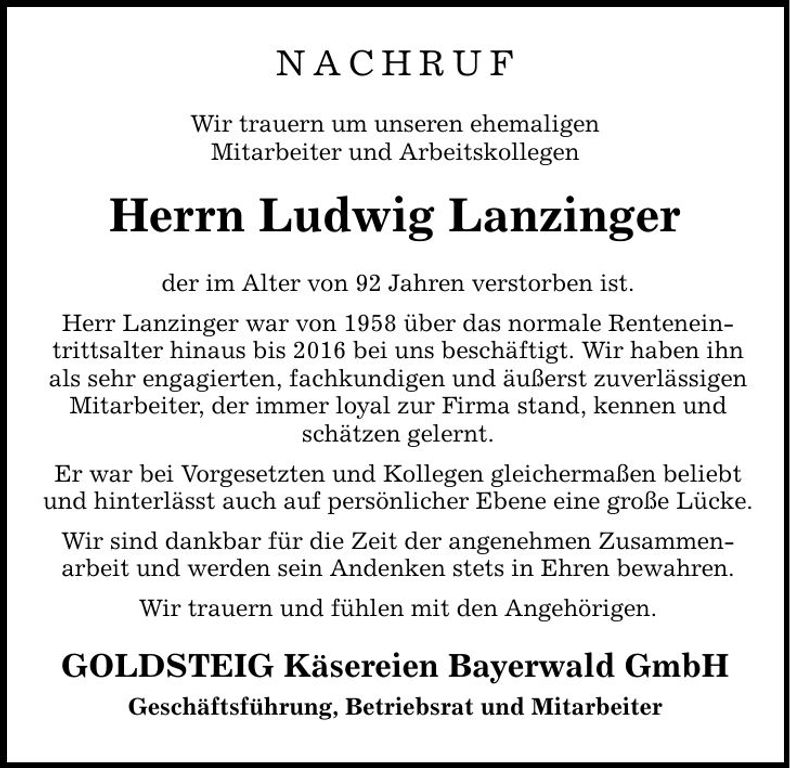 Traueranzeige Ludwig Lanzinger