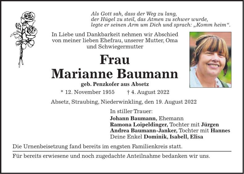 Traueranzeige Marianne Baumann