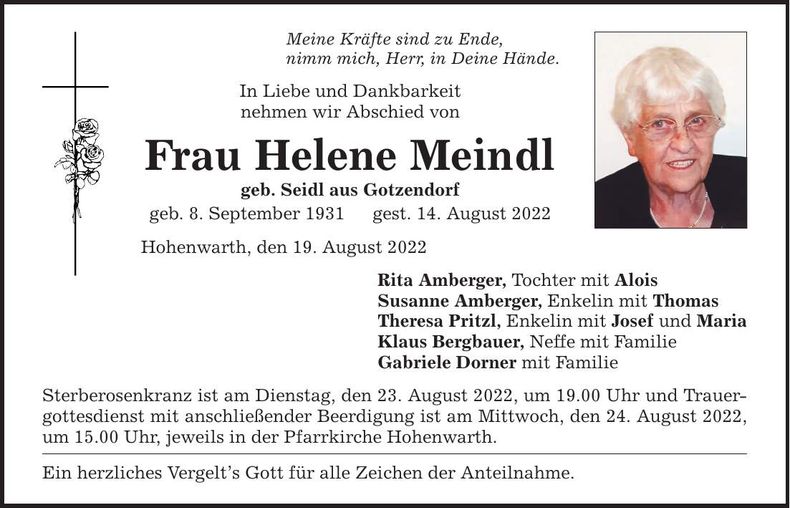 Traueranzeige Helene Meindl