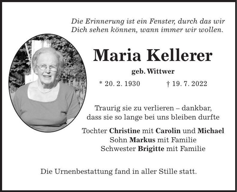 Traueranzeige Maria Kellerer