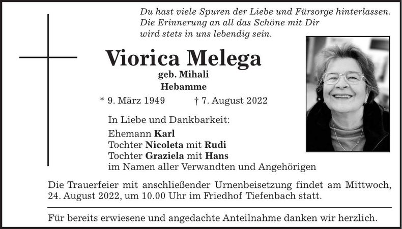 Traueranzeige Viorica Melega