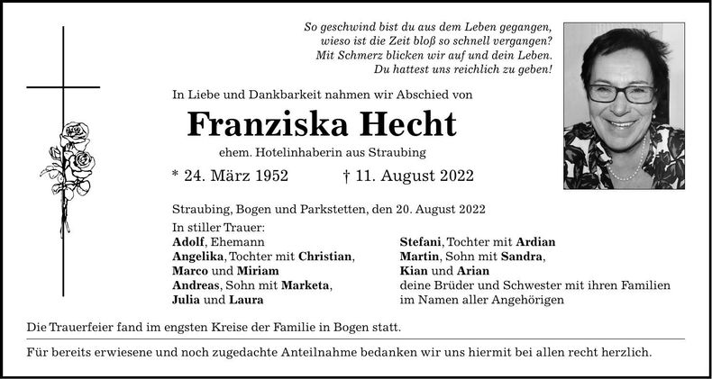 Traueranzeige Franziska Hecht