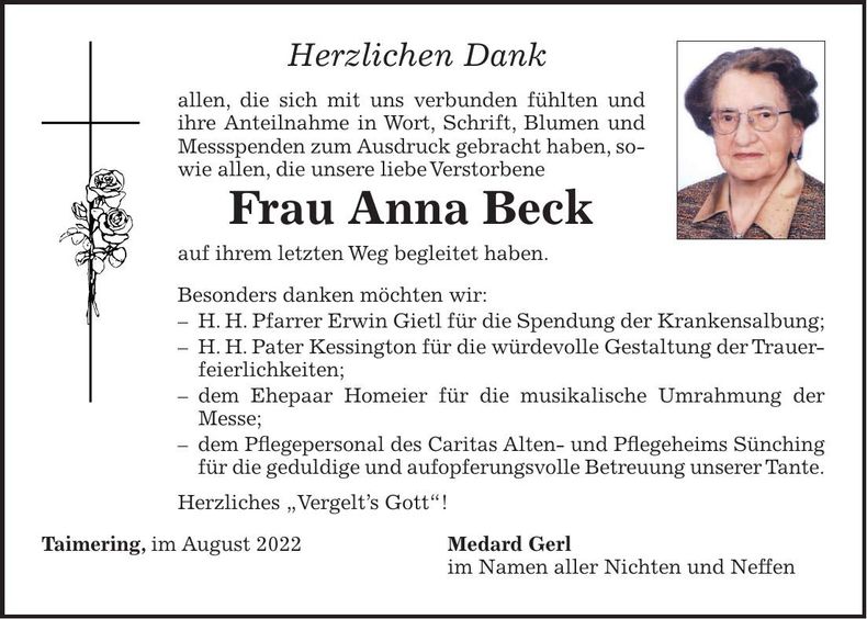 Traueranzeige Anna Beck
