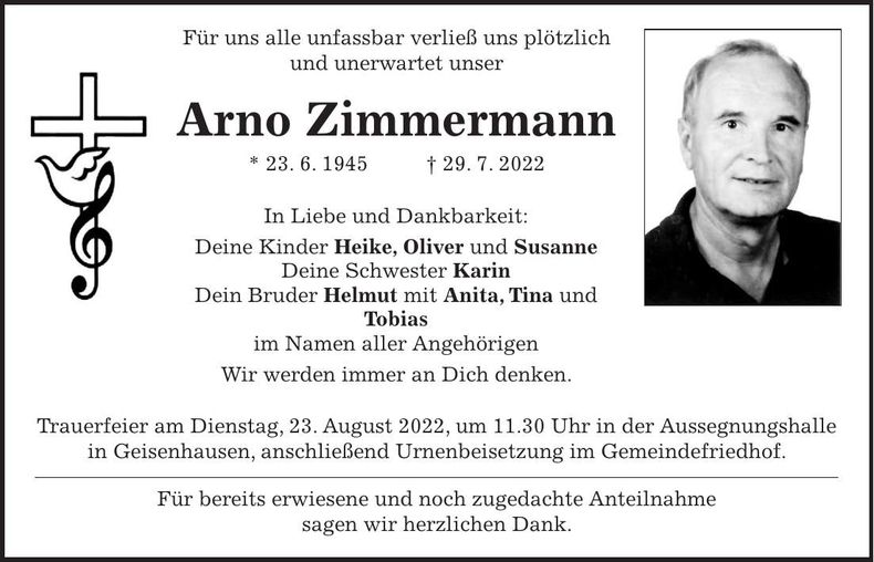 Traueranzeige Arno Zimmermann