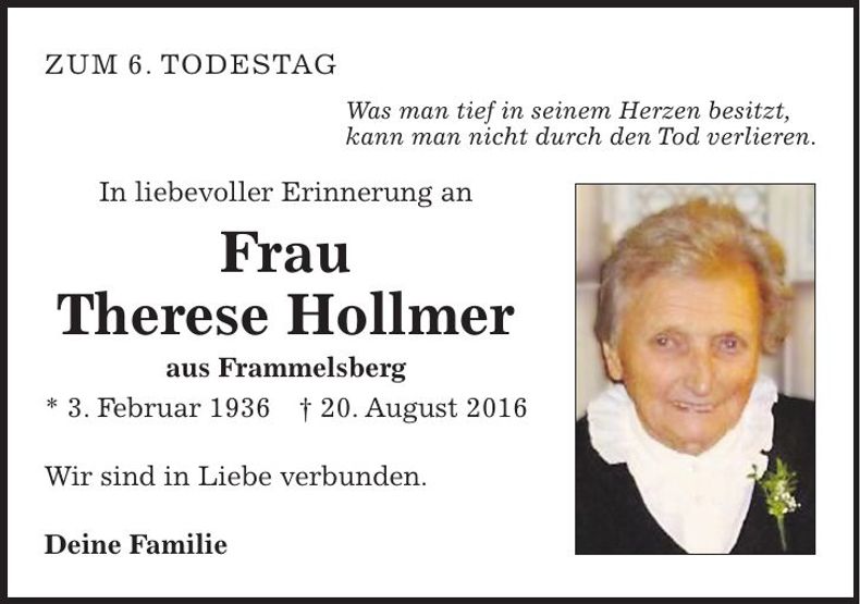 Traueranzeige Therese Hollmer