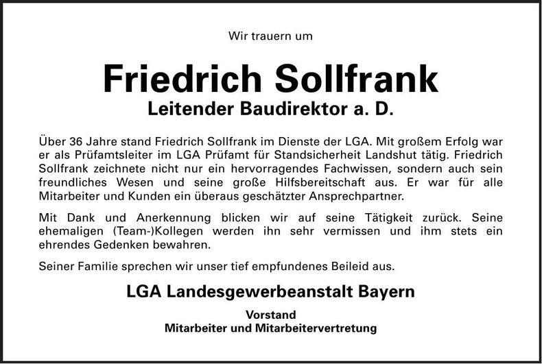 Traueranzeige Friedrich Sollfank