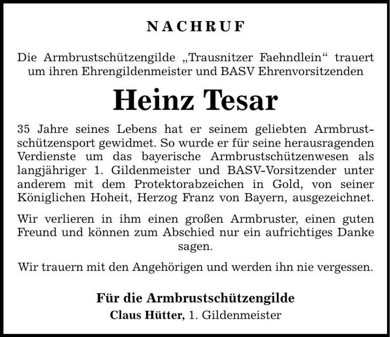 Traueranzeige Heinz Tesar