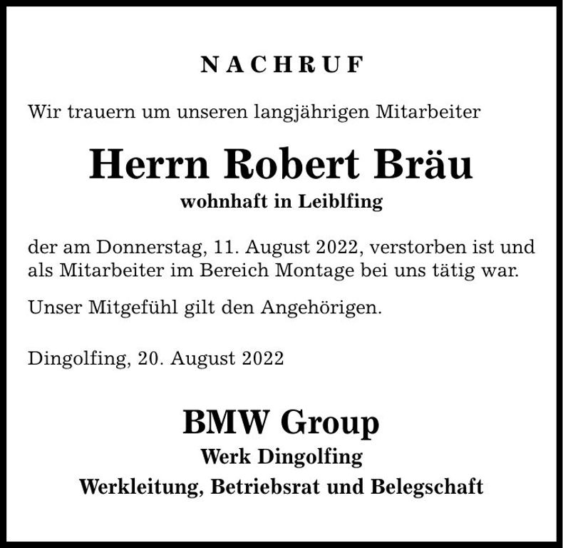 Traueranzeige Robert Bräu