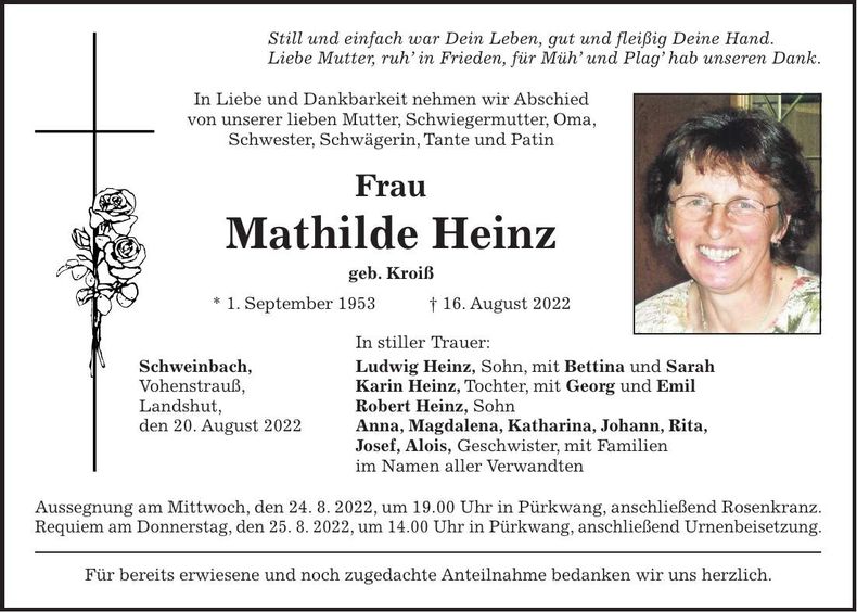 Traueranzeige Mathilde Heinz